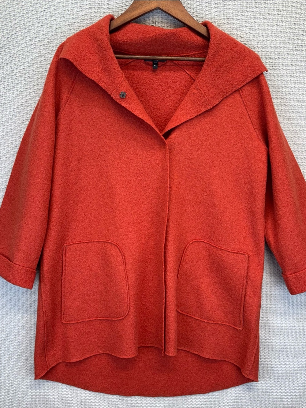 Eileen Fisher Wool Topper Jacket Womens PM Orange Open Front Shawl Collar Boho